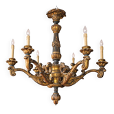 Venetian wooden chandelier from a castle, carved and gilded, baroque style.