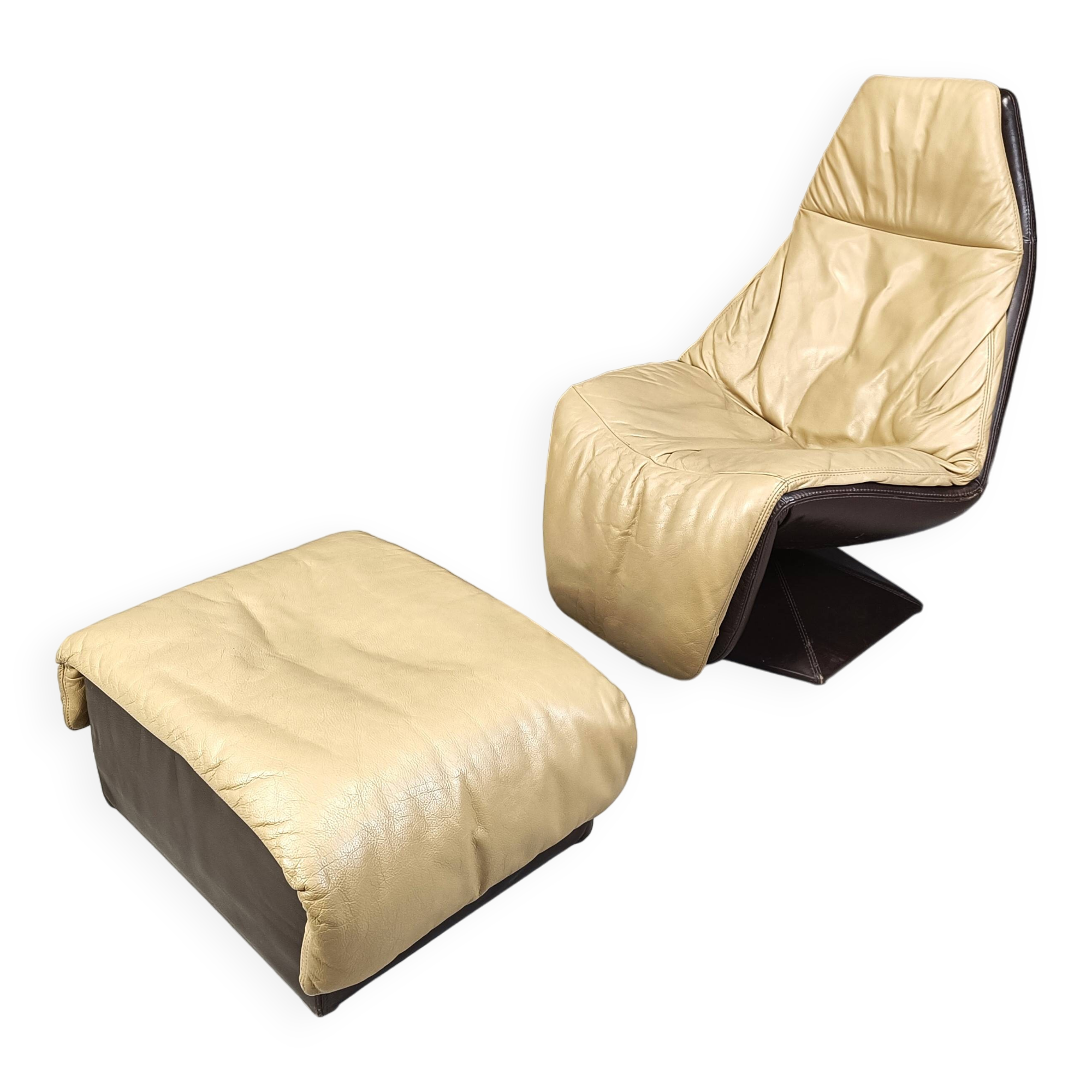 Chaise pivotante vintage en cuir avec ottoman, années 1970