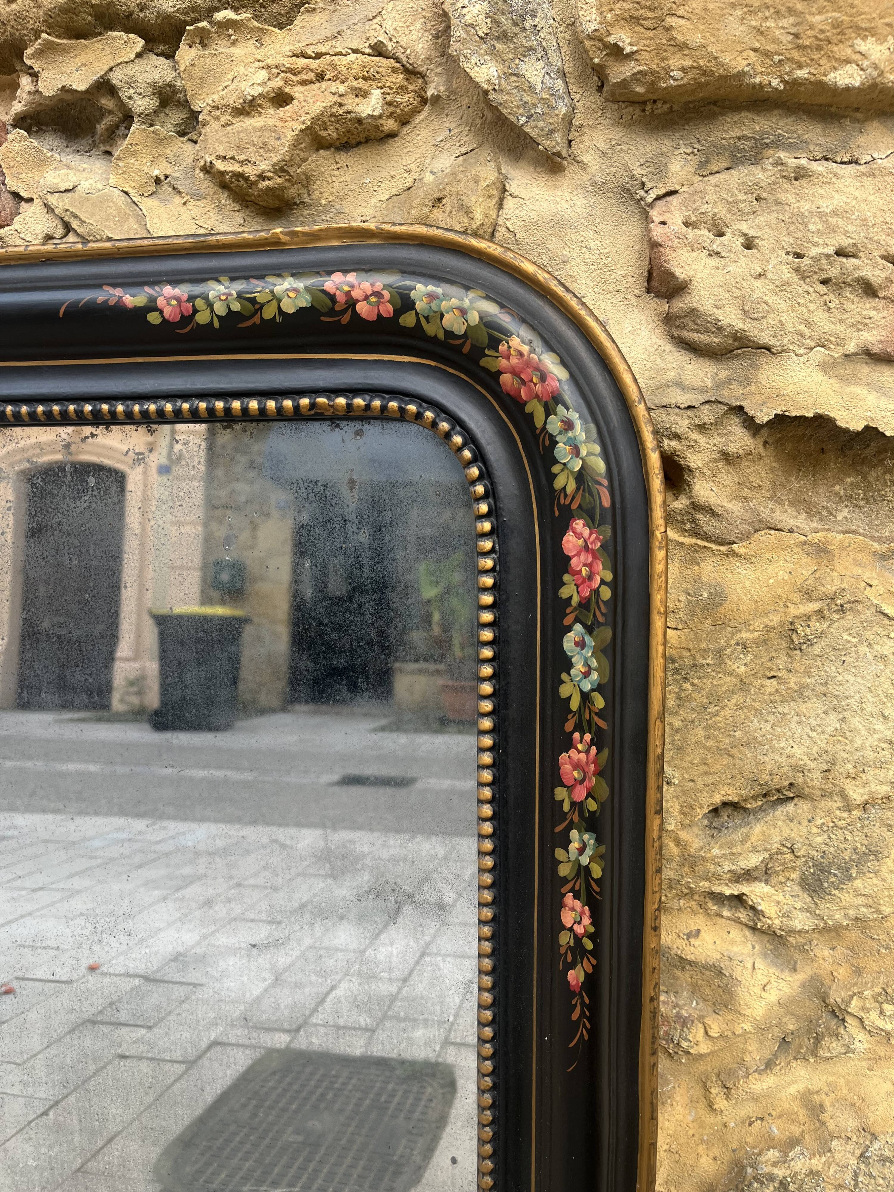 Antique Napoleon III mirror, black frame with hand-painted floral decoration – 19th century