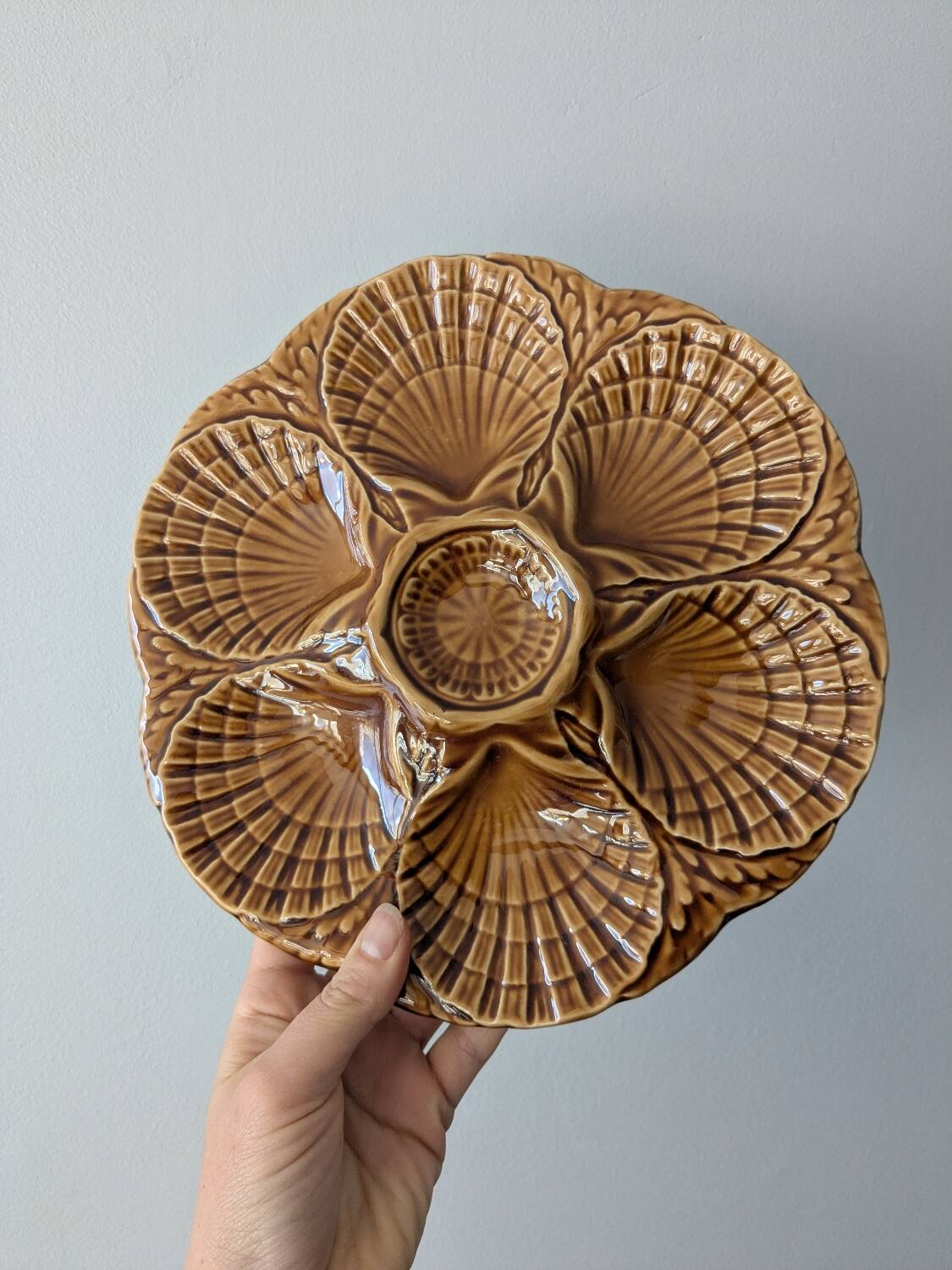 Set of 3 vintage brown Sarreguemines majolica oyster plates.