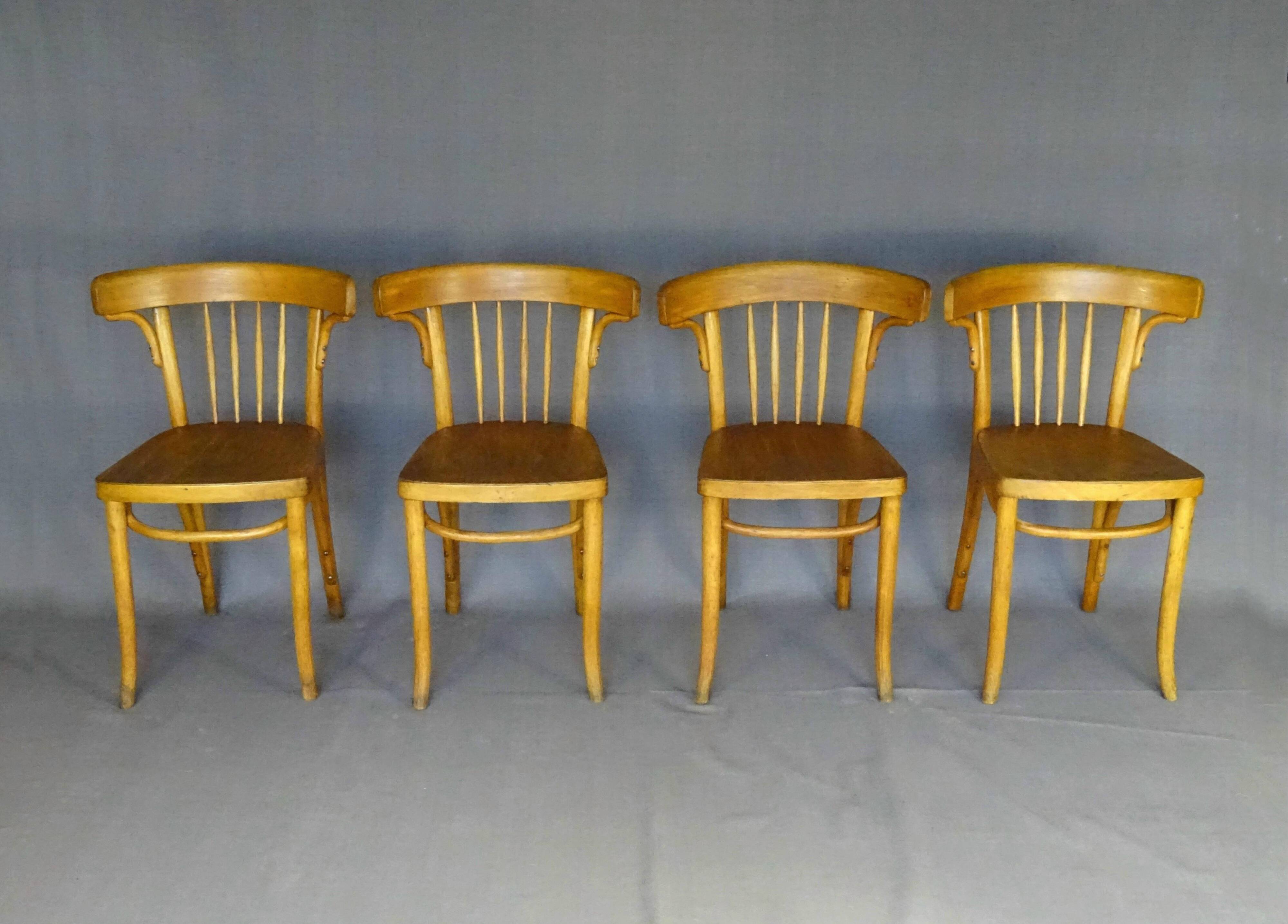 Série de 4 chaises Thonet Art déco bistrot blondes 1930