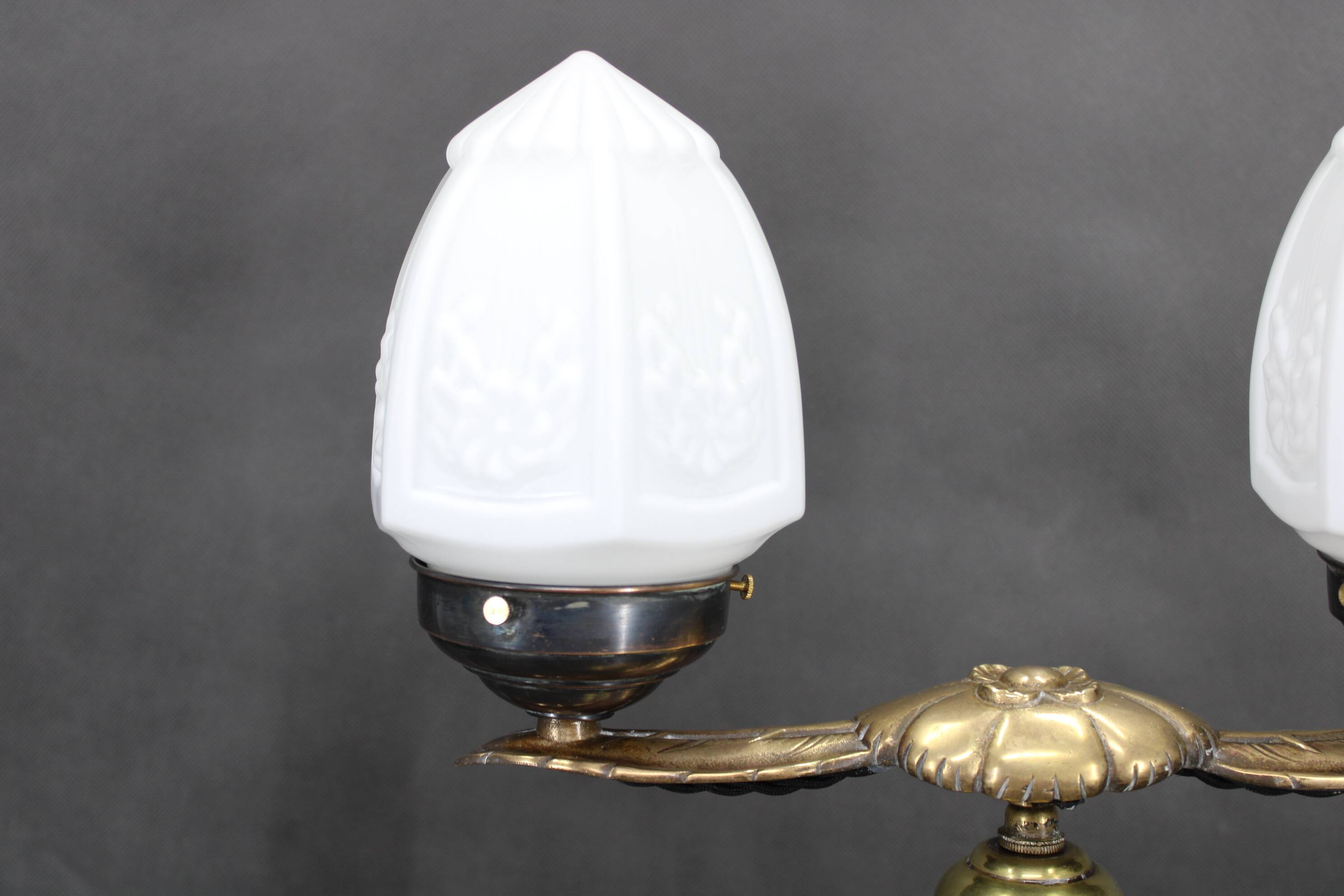 1930s Secession brass and glass dual desk lamp, Czechoslovakia