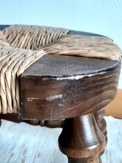 Pair of wood and straw fireplace stools, 1950s