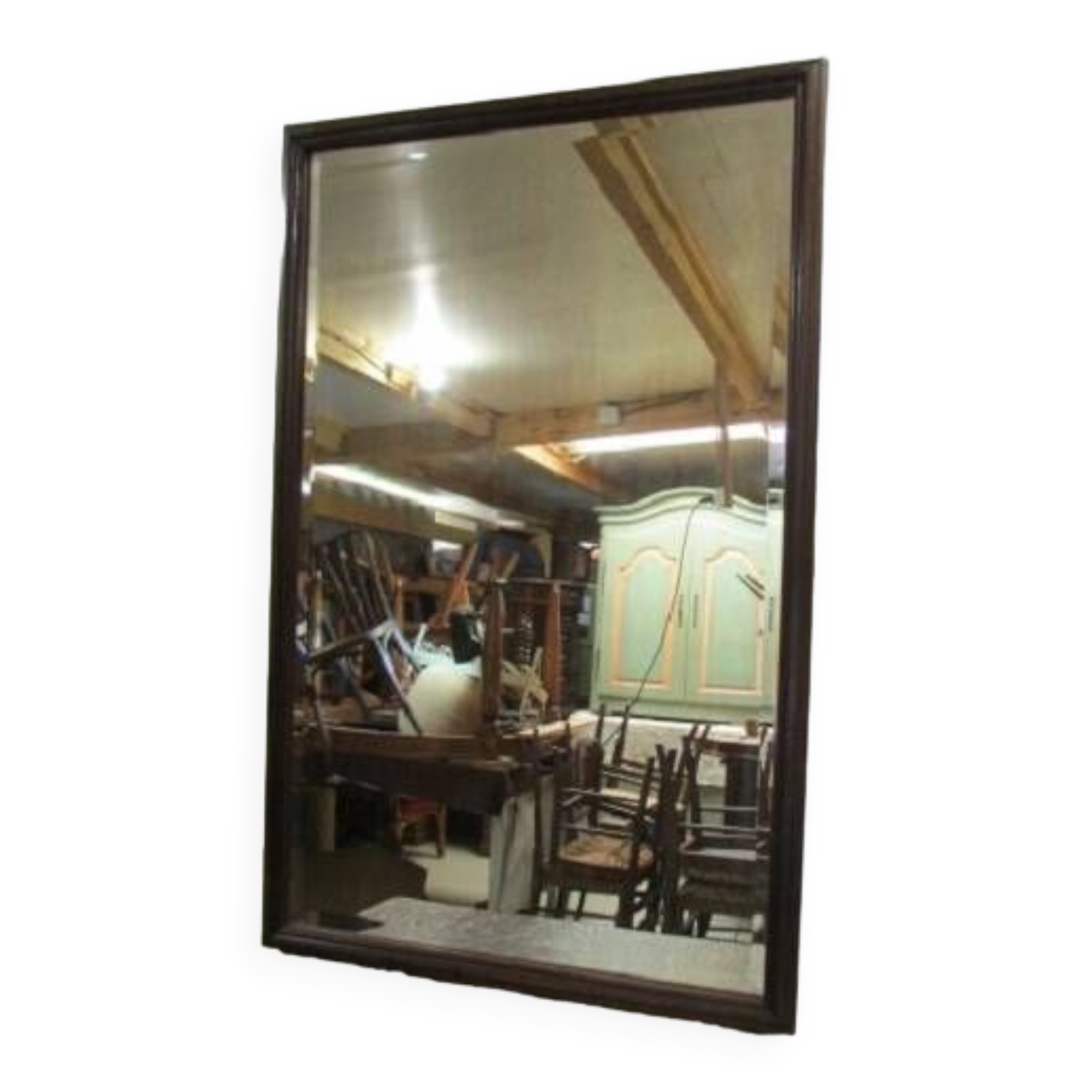 Large beveled mirror, simple wooden frame