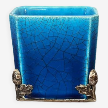 Miniature blue ceramic vase tassel pattern