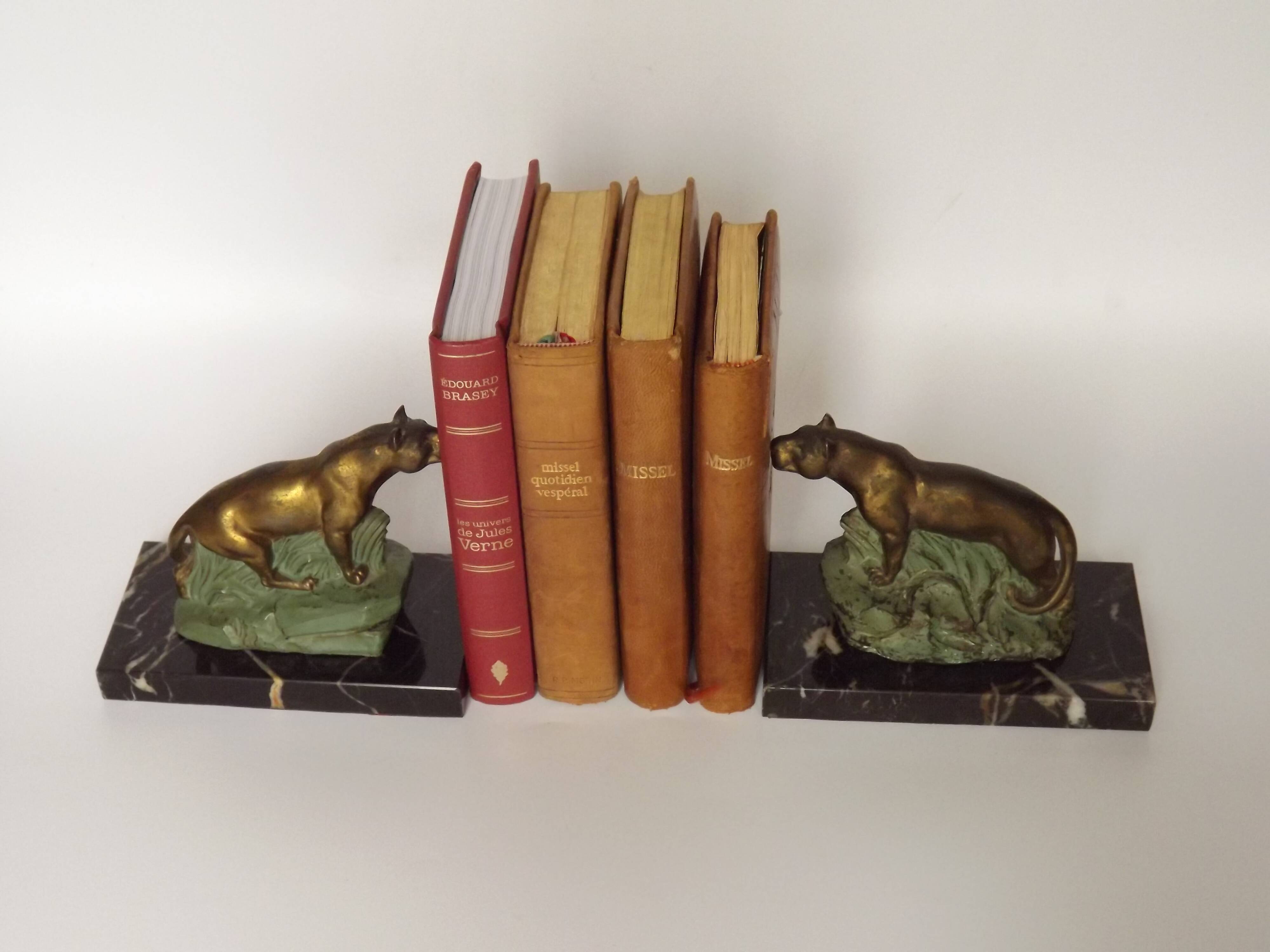 Vintage French Art Deco Panther Book Ends - Marble and Metal Bookends