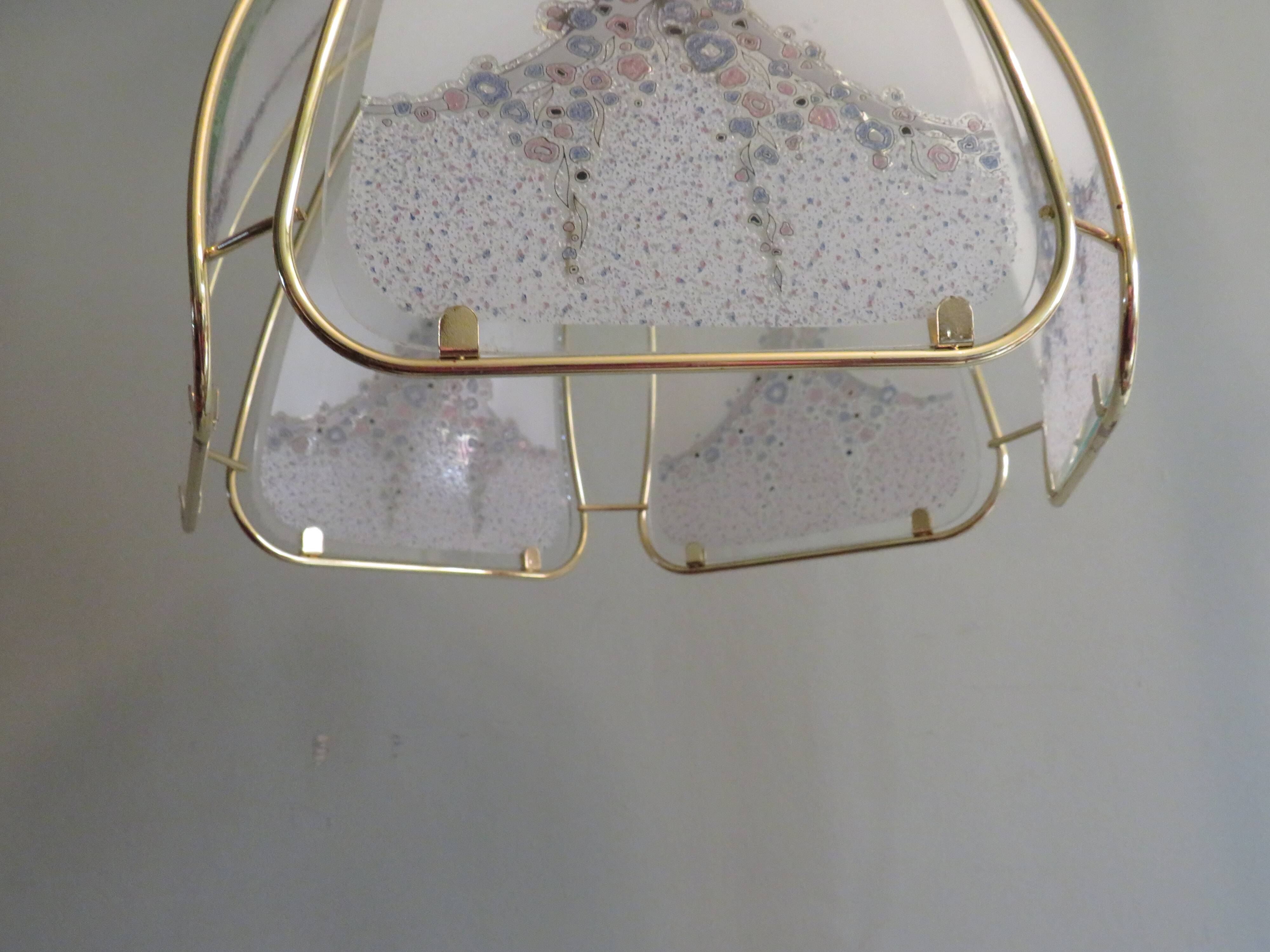 Gold metal pendant lamp and Murano glass panels by Eglo Leuchten Austria 1970