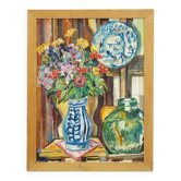 Impressionist still life oil on panel flowers goldfish Alexander Michael 1975