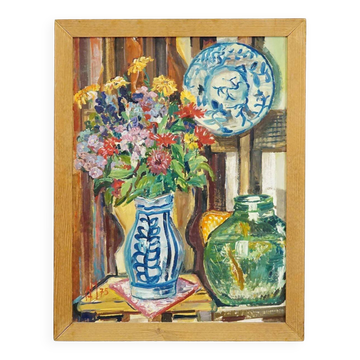 Impressionist still life oil on panel flowers goldfish Alexander Michael 1975