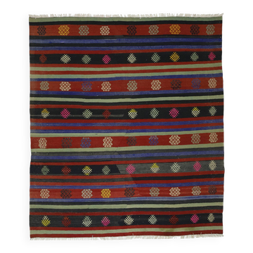 Kilim Oushak vintage rayé rouge et vert fait main 200 x 178 cm