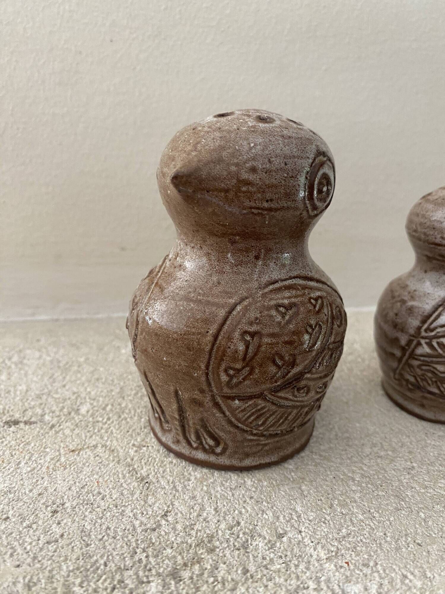 Stoneware owl salt and pepper shakers by Jeanne and Norbert Pierlot