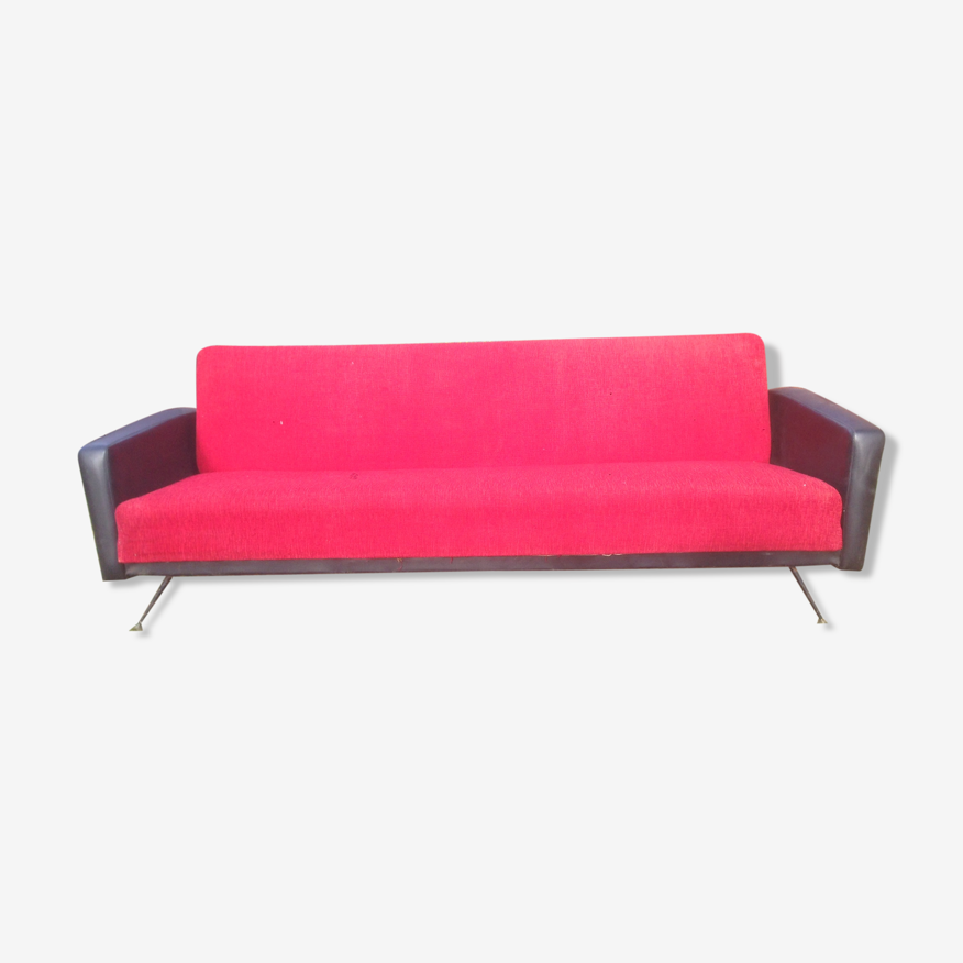 Canapé daybed vintage 70 en skaï noir et tissu rouge convertible en bon  état. | Selency