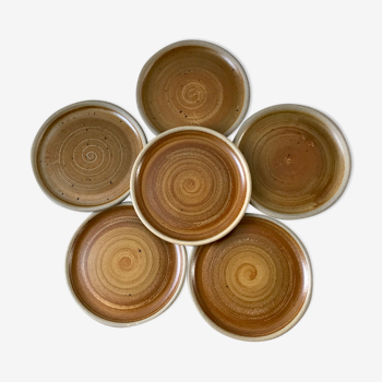 Lot de 6 assiettes plates en grès poterie artisanale vintage années 70