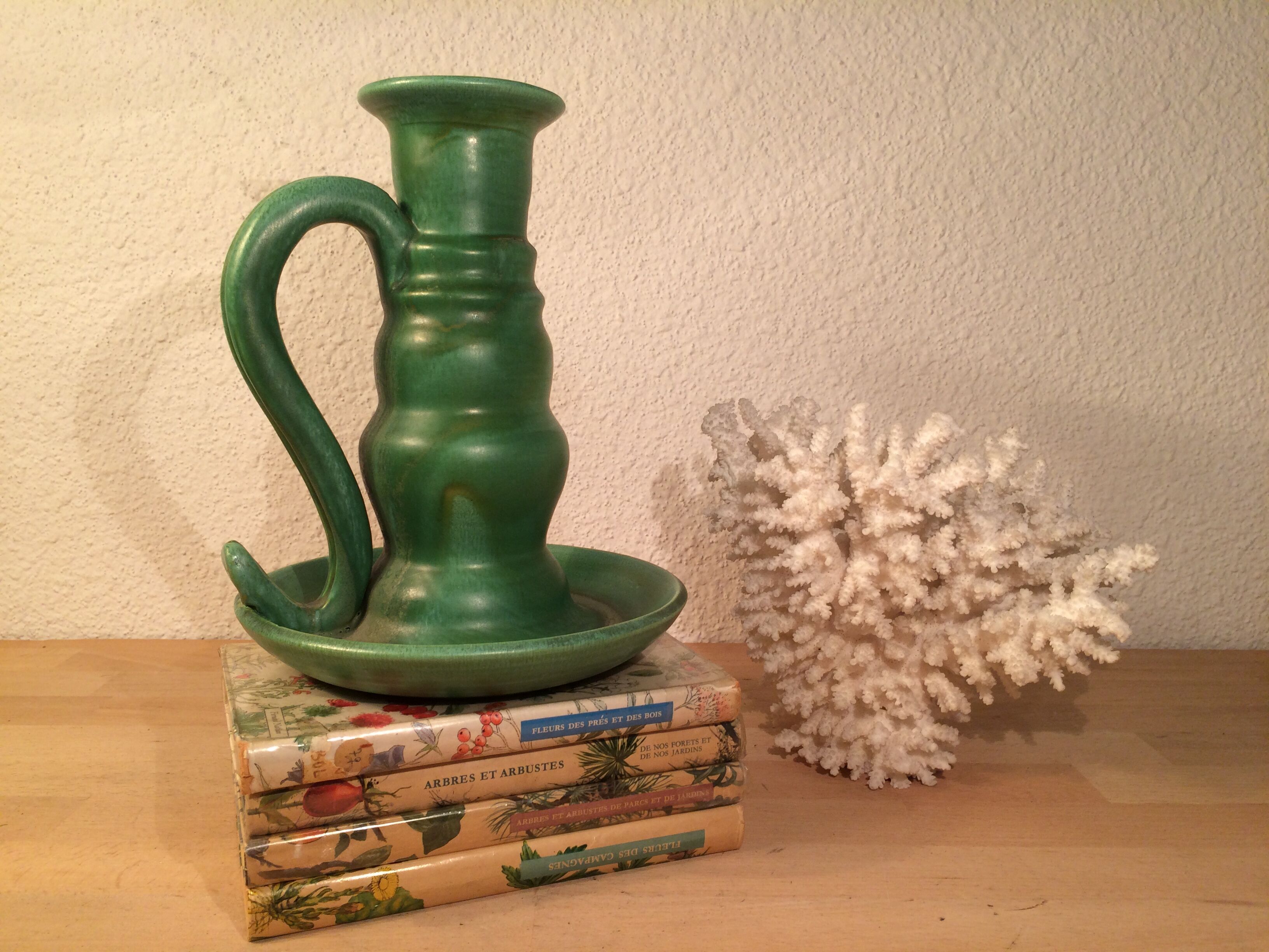 Green ceramic candle holder signed André Gallet, vintage