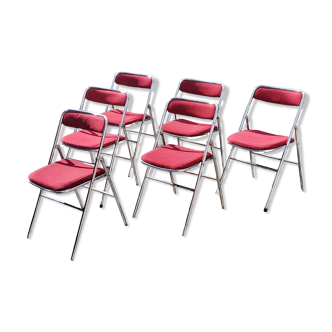Set of 6 folding chairs from the 70s tweed and chrome metal