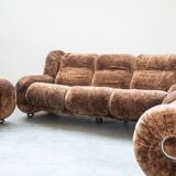 Living room set, 3-seater sofa and 2 armchairs in beige chenille, 1970s