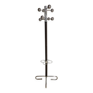 Vintage coat rack with umbrella stand, chrome-plated metal and wood, mid-20th century, 175 x 42 cm