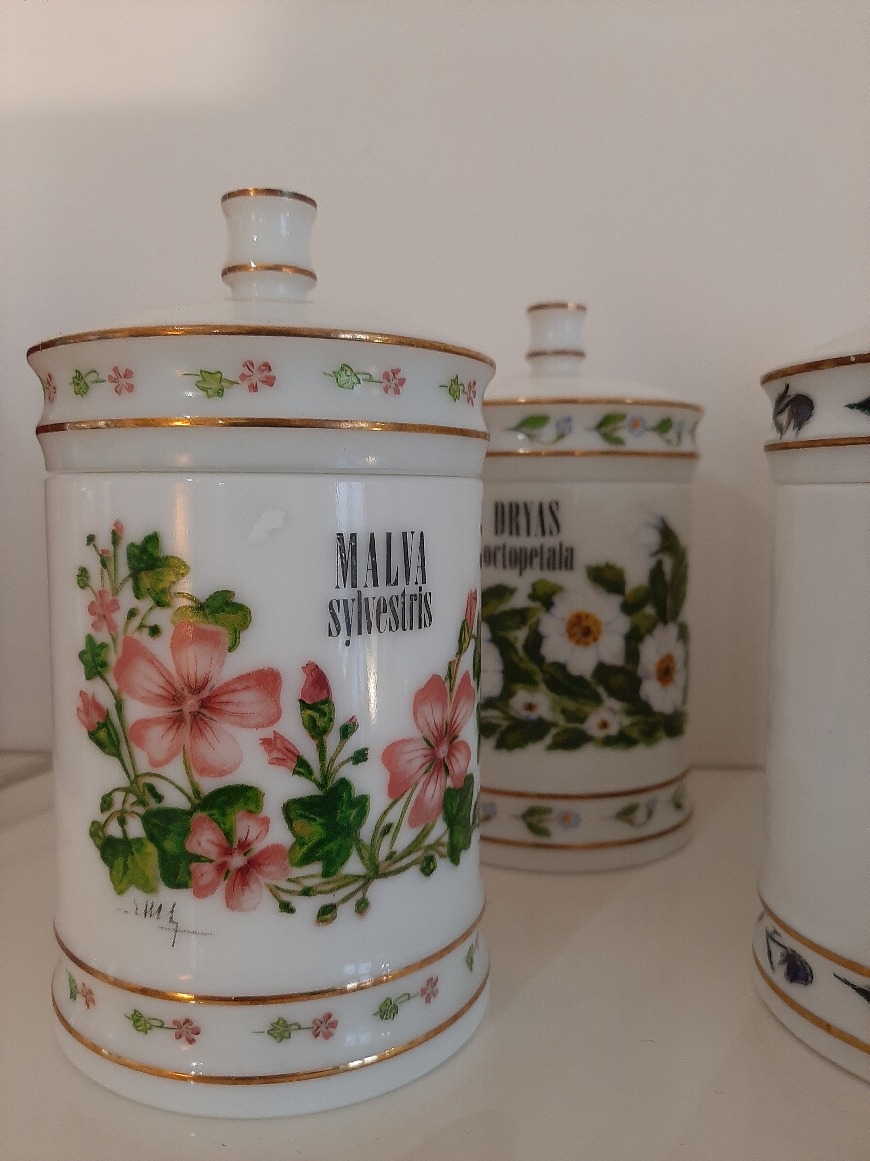 Series of 7 pharmacy jars in opaline