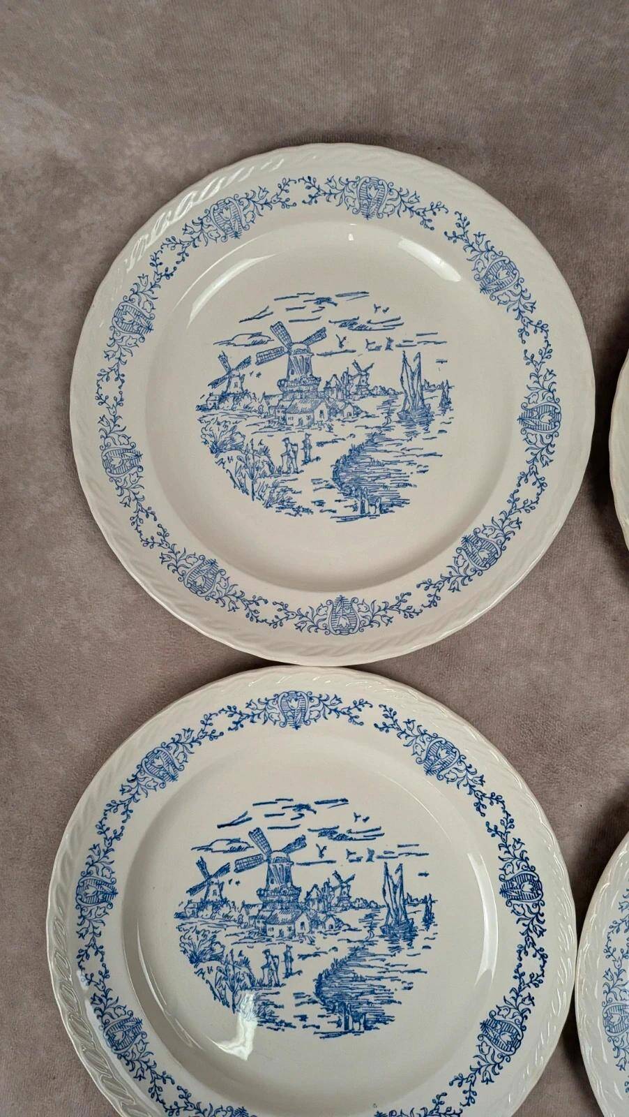 Set of 6 antique flat plates Rotterdam blue windmill design.
