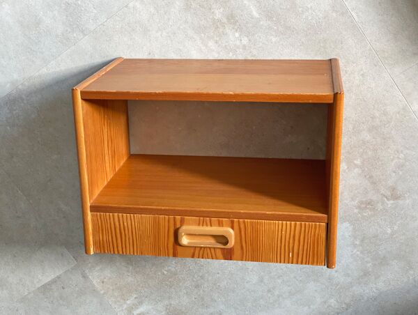 Table de chevet flottante en pin du milieu du siècle avec tiroir, armoire suspendue scandinave