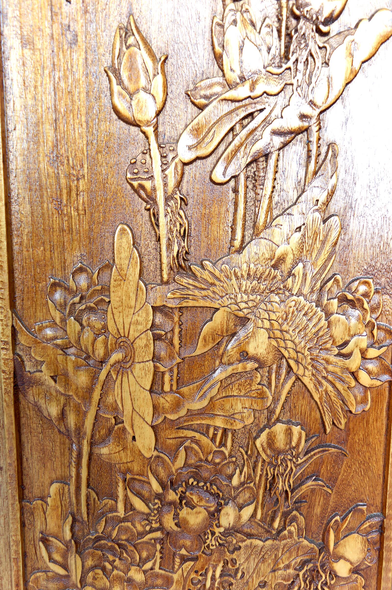3 carved wooden panels, floral and animal decorations, Indochina
