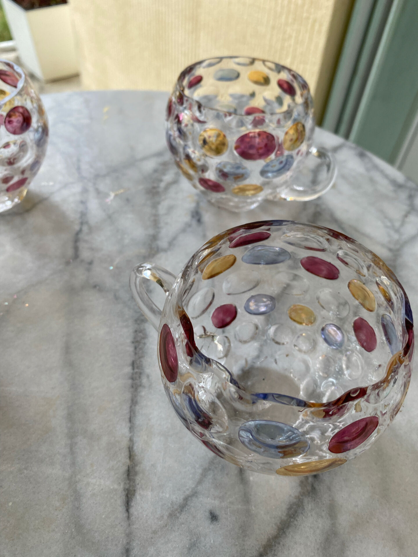 Set of 3 vintage punch cups (+ 1 free) made of blown glass with cabochon.