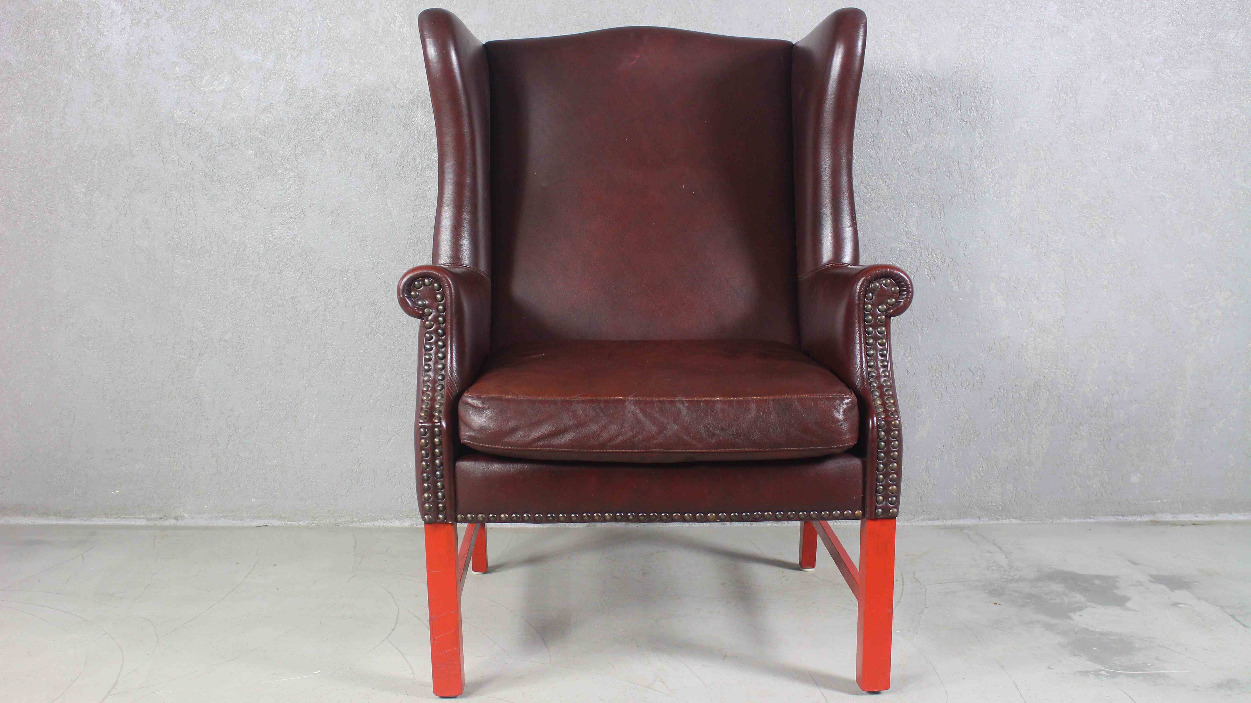 English Georgian Style Brown Leather Wingback Armchair