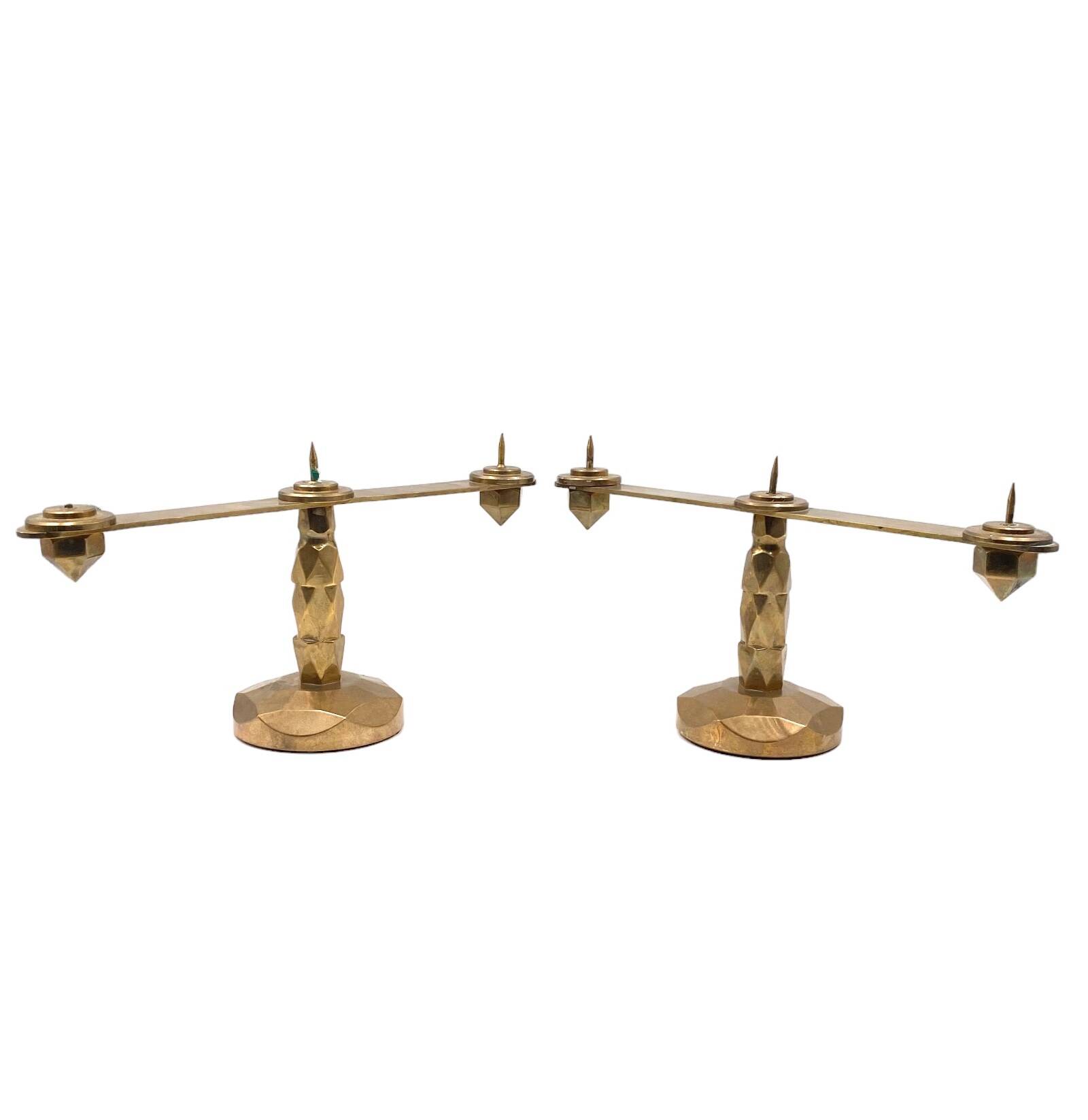 Brutalist brass pair of candle holders, France 1970