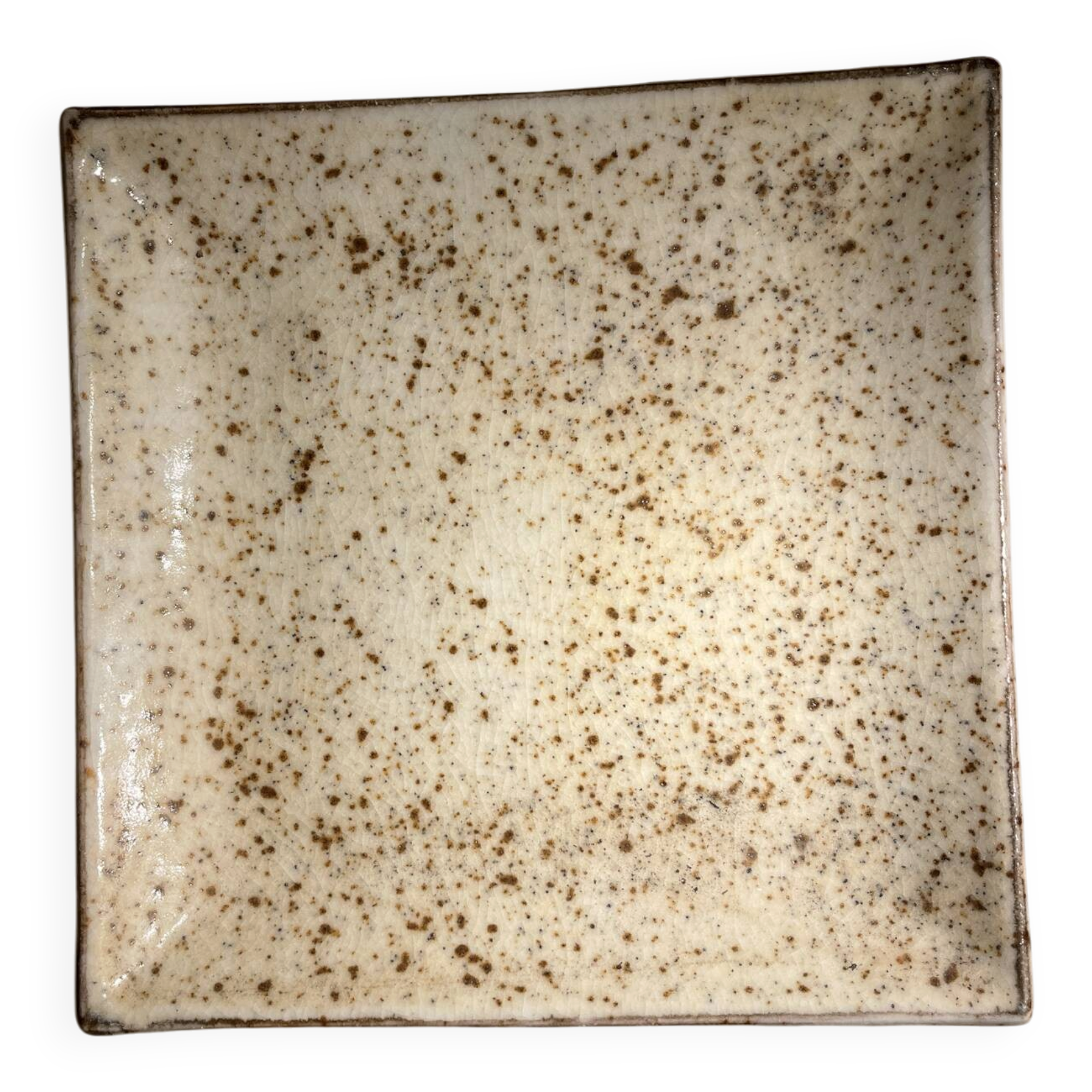 Vintage signed square ceramic plate – speckled cream enamel – 22