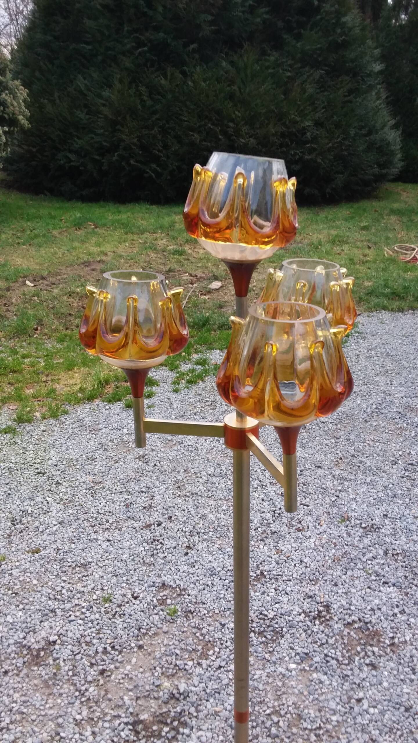1970s design floor lamp in gold and orange chrome metal with 4 glass tulips