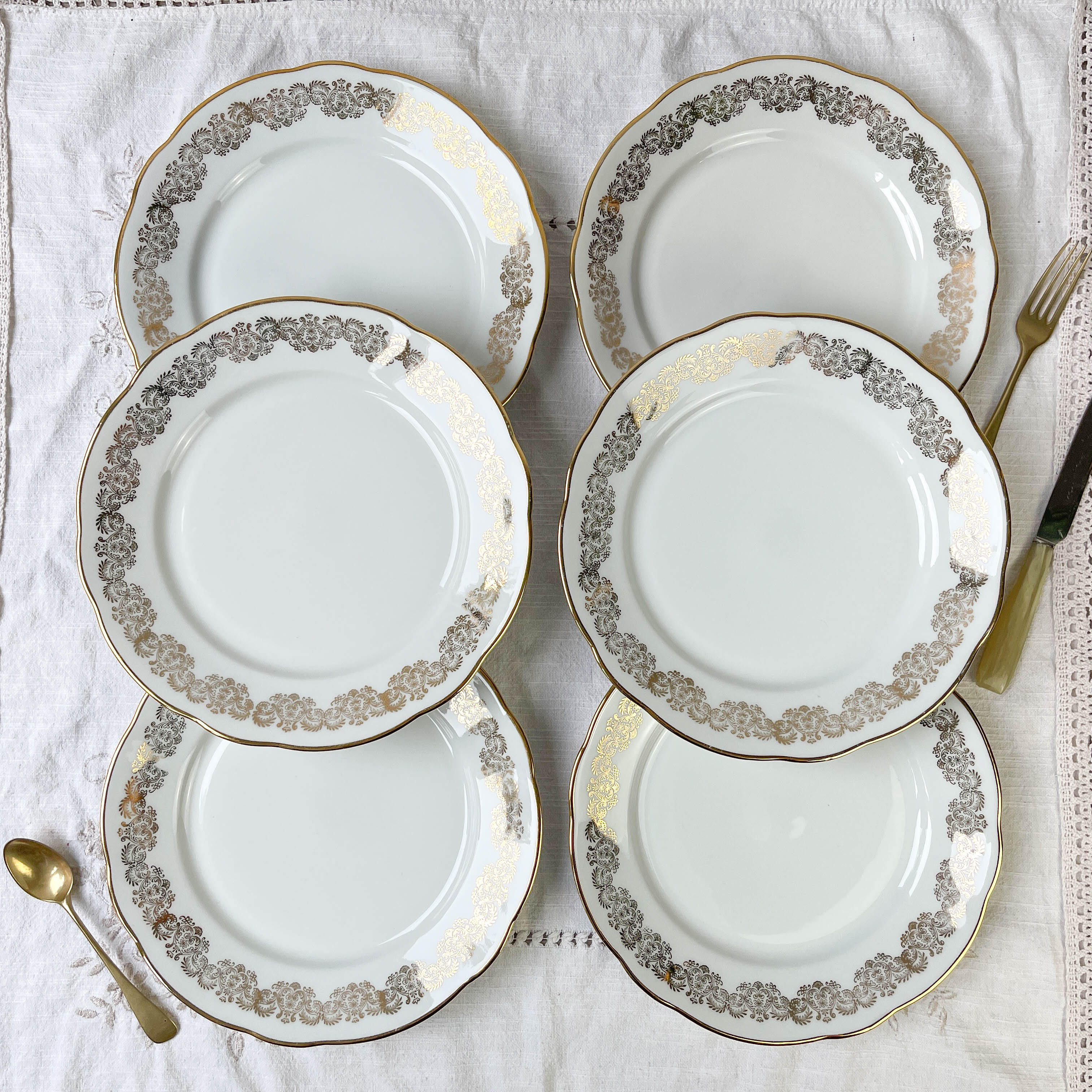 6 assiettes plates porcelaine blanche doré chauvigny limoges
