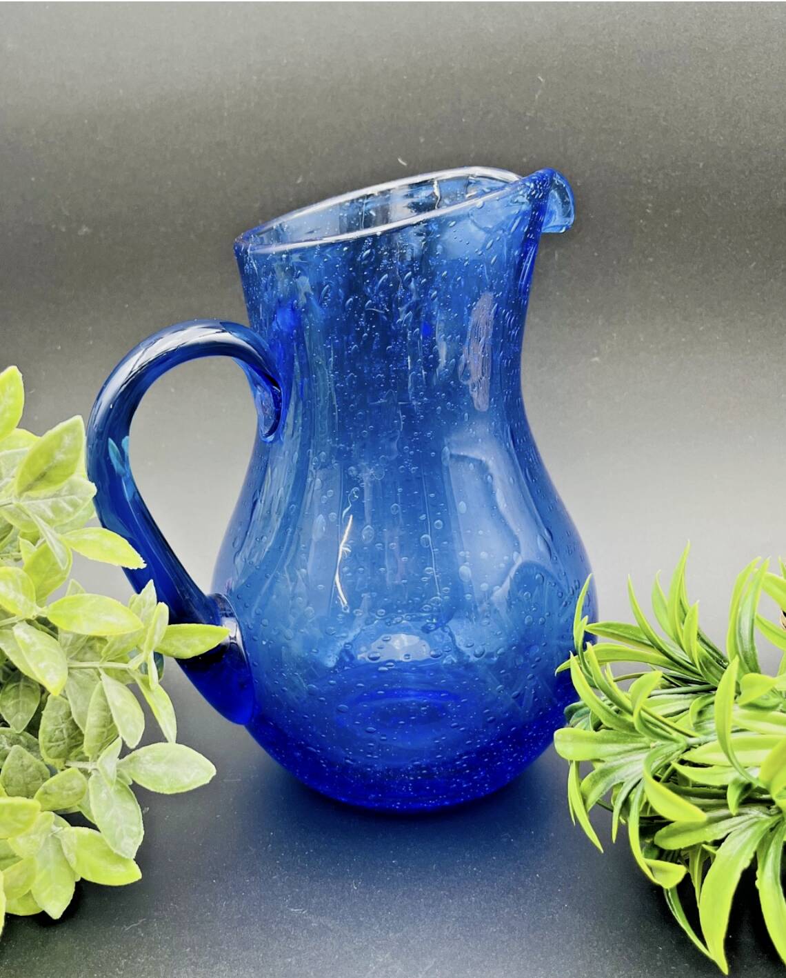 Blue bubble glass pitcher signed Biot