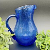 Blue bubble glass pitcher signed Biot