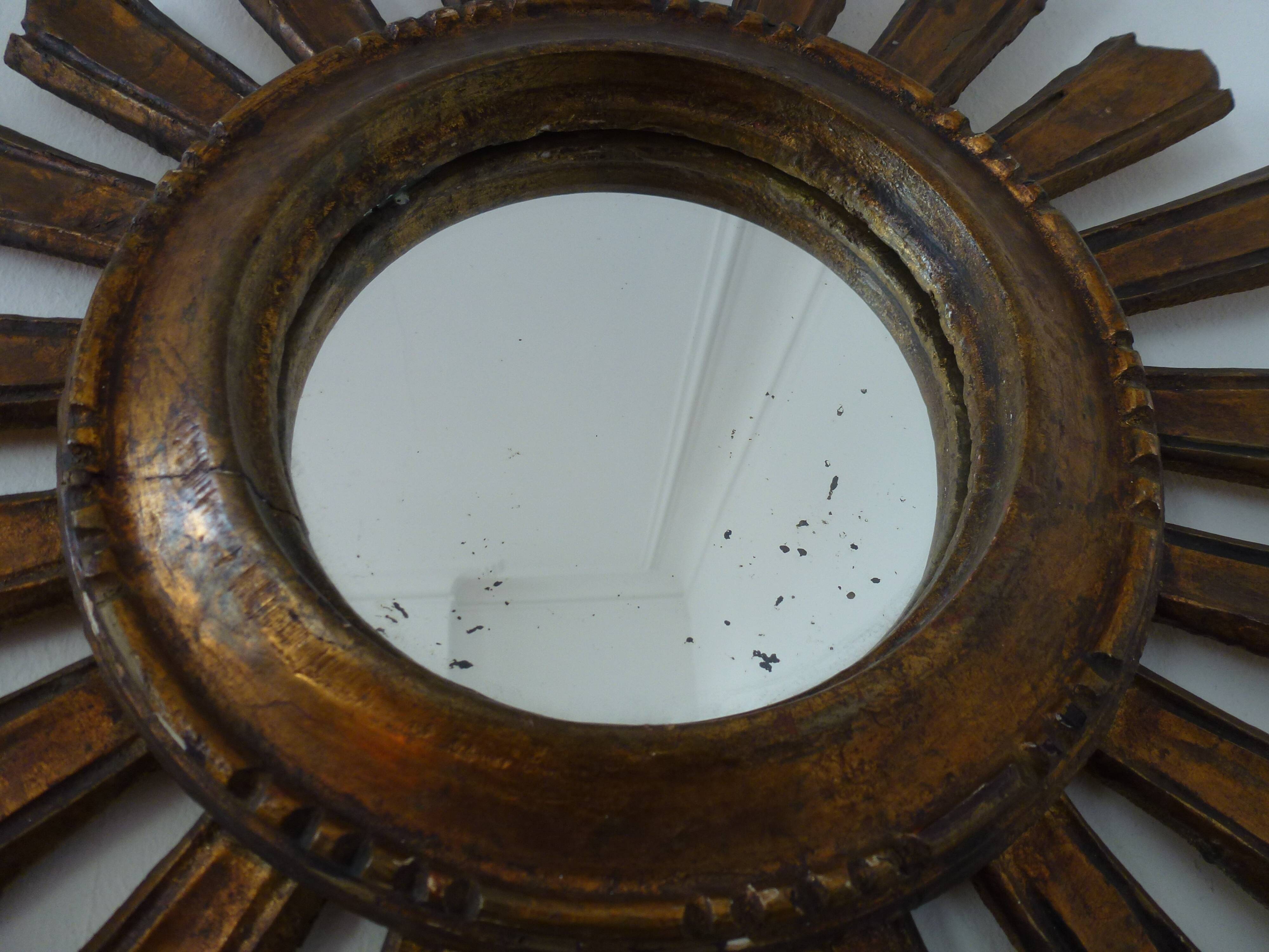 Old sun mirror gilded carved wood 50s-60s 49cm