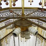 Art Nouveau style bronze chandelier with yellow and mauve pendants, 11 lights. 1960s