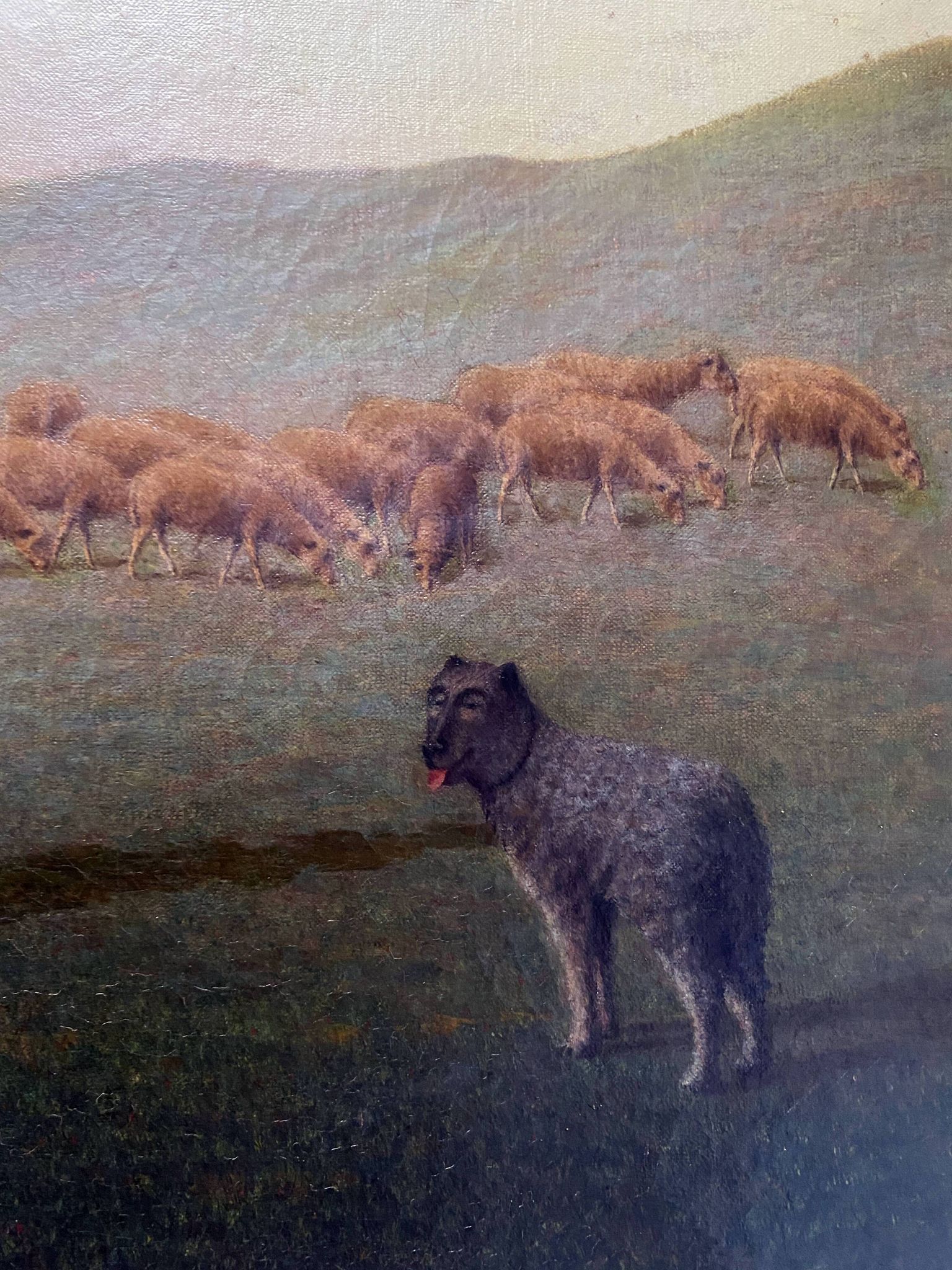 HST painting 19th century Shepherd with sheep and dog in mountain pasture signed A. Treviens
