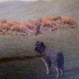 HST painting 19th century Shepherd with sheep and dog in mountain pasture signed A. Treviens