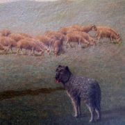 HST painting 19th century Shepherd with sheep and dog in mountain pasture signed A. Treviens
