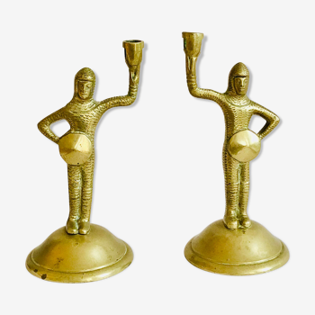 Pair of old brass knight candle holders