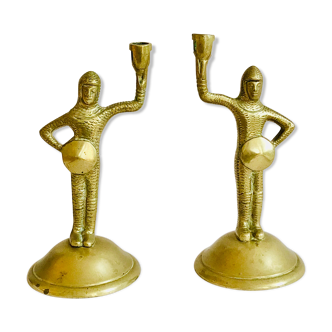 Pair of old brass knight candle holders