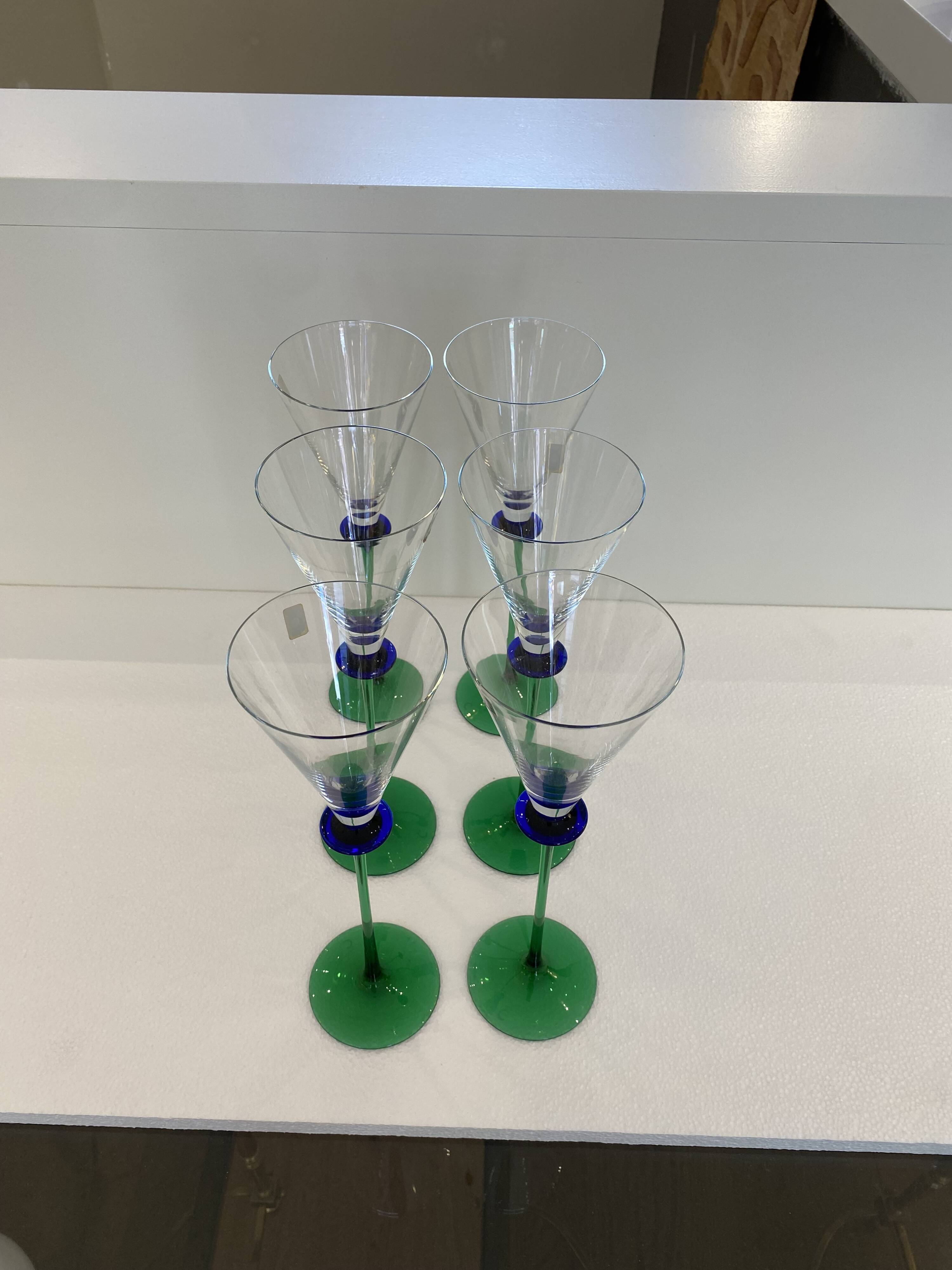 A Set of 6 Hand-blown Emerald Green Cobalt Blue Stem Champagne Flutes Art