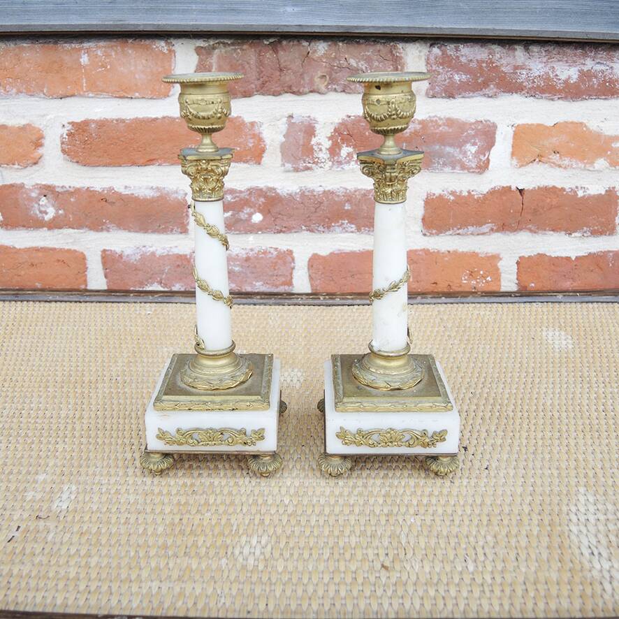 2 antique column candle holders in white marble and brass