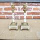 2 antique column candle holders in white marble and brass