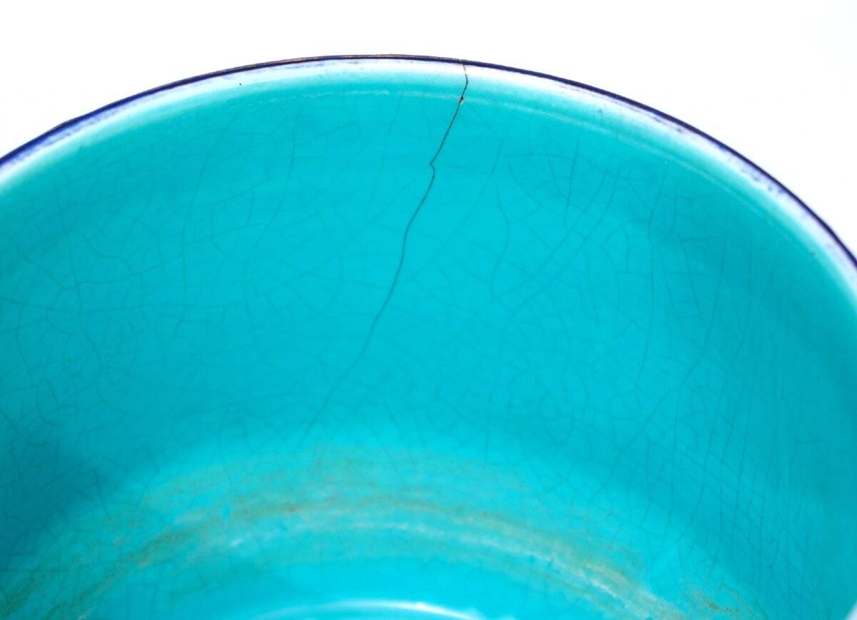 Pair of caches pots Sarreguemines - blues of Longwy - golden geometric decorations - XIXth