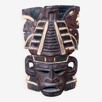 Masque 1954 Mexique en bois 20cm Pyramide Yucatan sur la tête Maya Vintage ancien