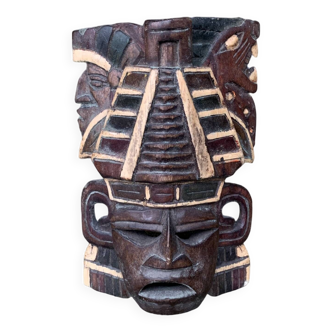 Mask 1954 Mexico in wood 20cm Pyramid Yucatan on the head Mayan Vintage old