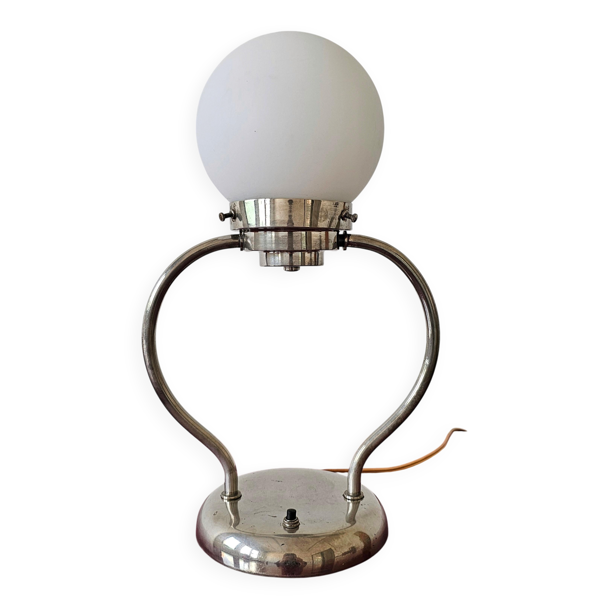 Art Deco table lamp with a spherical opaline glass shade and chrome base from the 1930s.