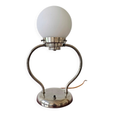 Art Deco table lamp with a spherical opaline glass shade and chrome base from the 1930s.