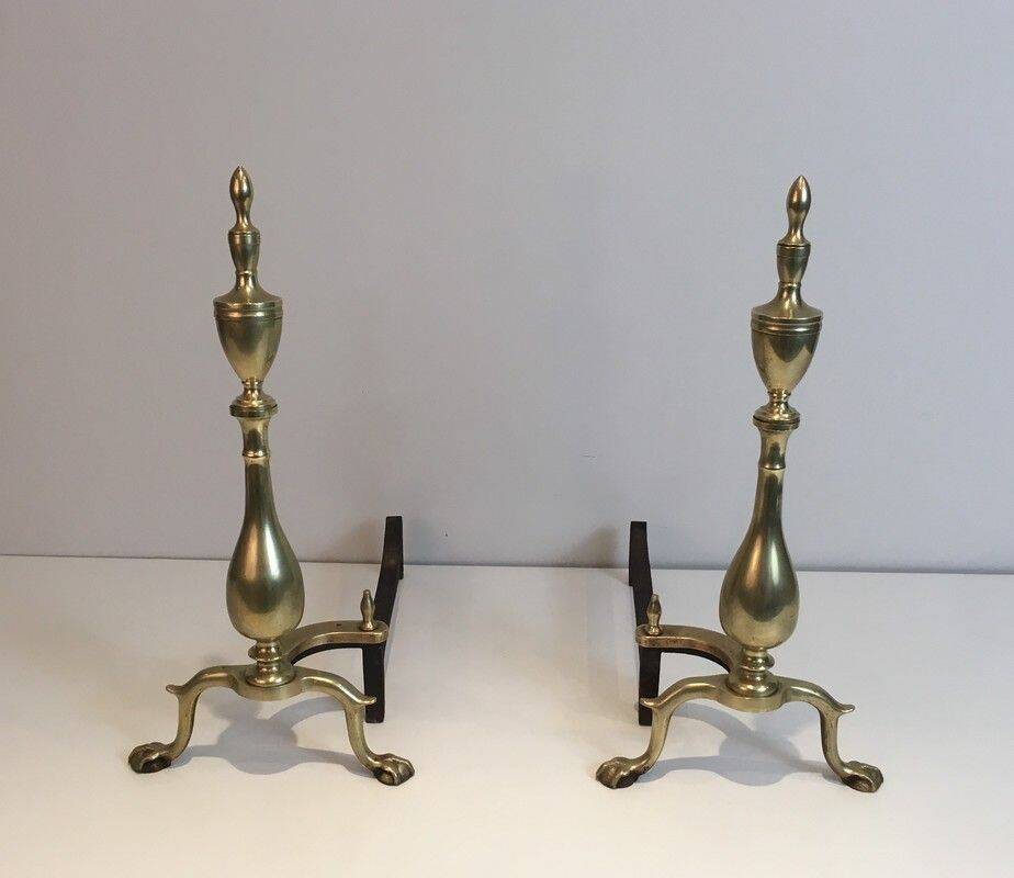 Pair of neo-Gothic bronze and wrought iron andirons