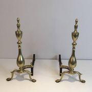 Pair of neo-Gothic bronze and wrought iron andirons